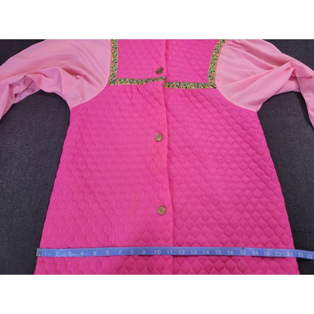 Vintage 60's Quilted Robe Gold Floral Trim Flowy Sleeve Hot Pink Maxi Mod M - Picture 14 of 16